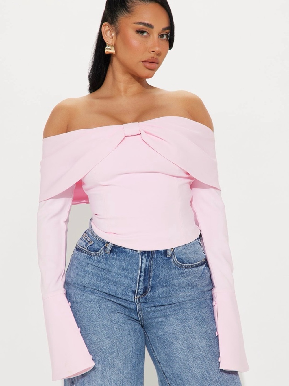 Fashion Nova Light Pink Bow-Detail Long Sleeve Crop Top